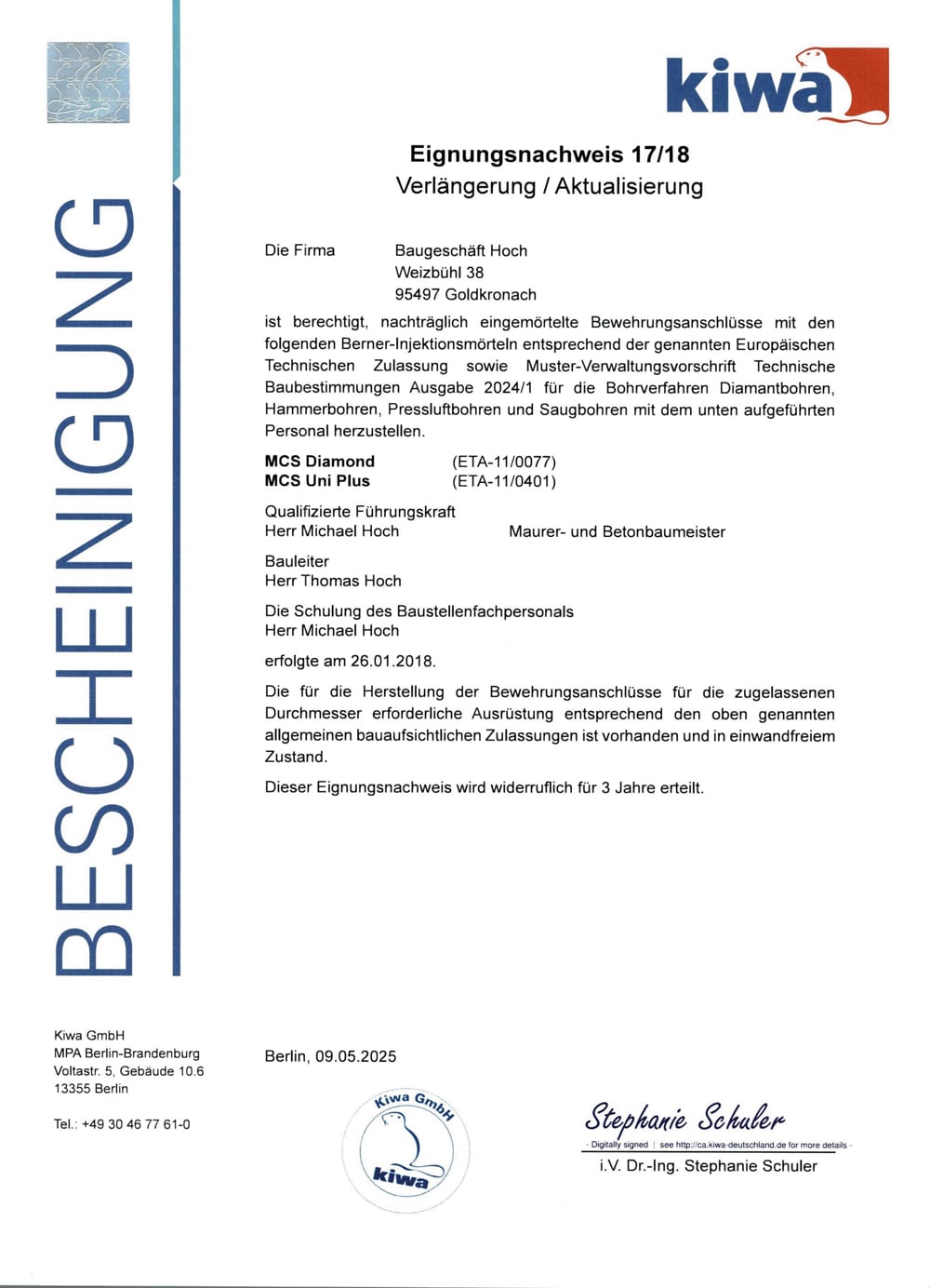 Nachträglich eingemörtelte Bewehrungsanschlüsse bei Bauunternehmen Hoch aus Goldkronach
